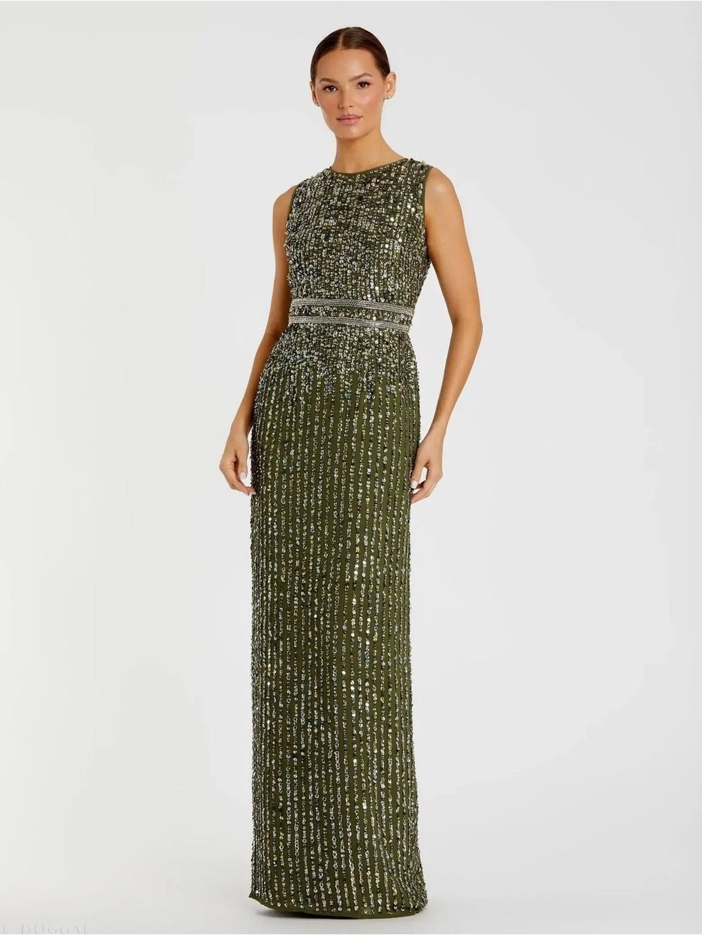 NWT Mac Duggal 93603 SEQUINED HIGH NECK SLEEVELESS COLUMN GOWN Olive Size 12
